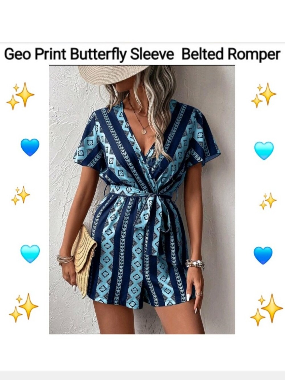 Geo Print Belted Romper in Navy & Light Blue, Size L